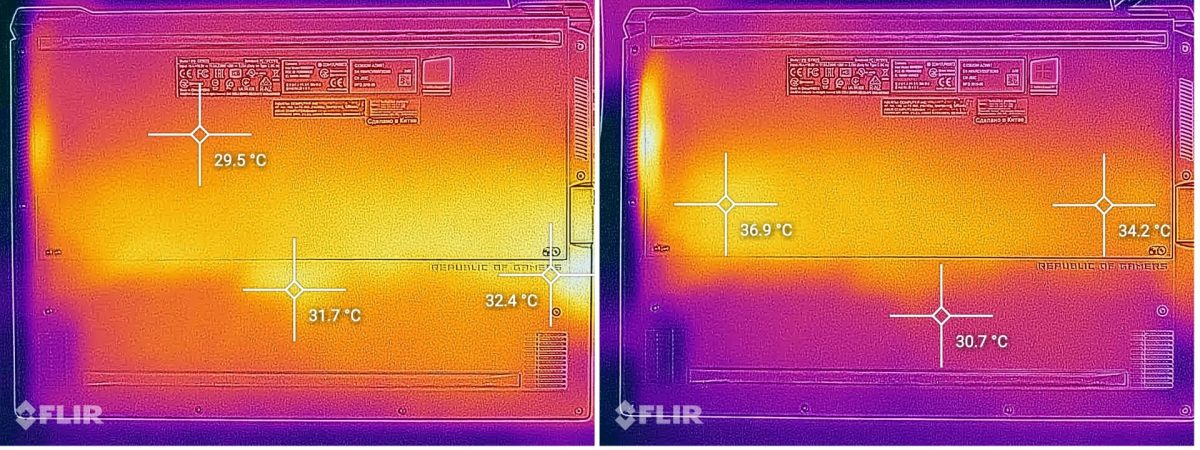 temperaturi pe burta laptop-ului, stanga: in incarcare medie (video full HD, 60) si gaming (dreapta)