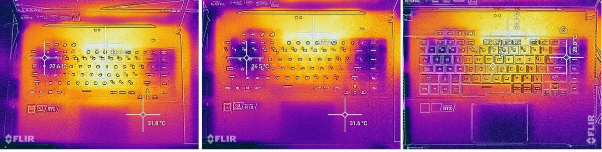 temperaturi in zona tastaturii in incarcare foarte usoara (stanga), medie (mijloc) si gaming (dreapta) 