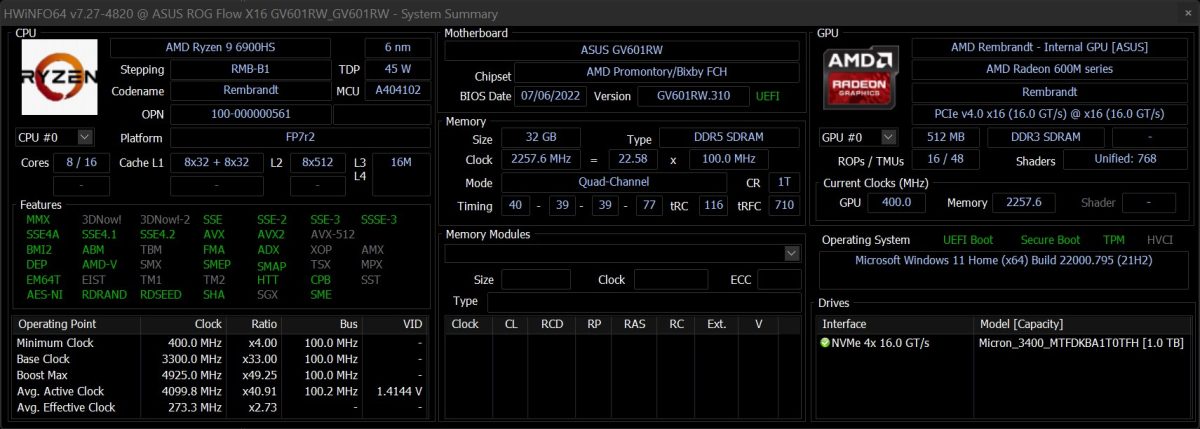 ROG Flow X16 - CPU specs - AMD Ryzen 6900HS 
