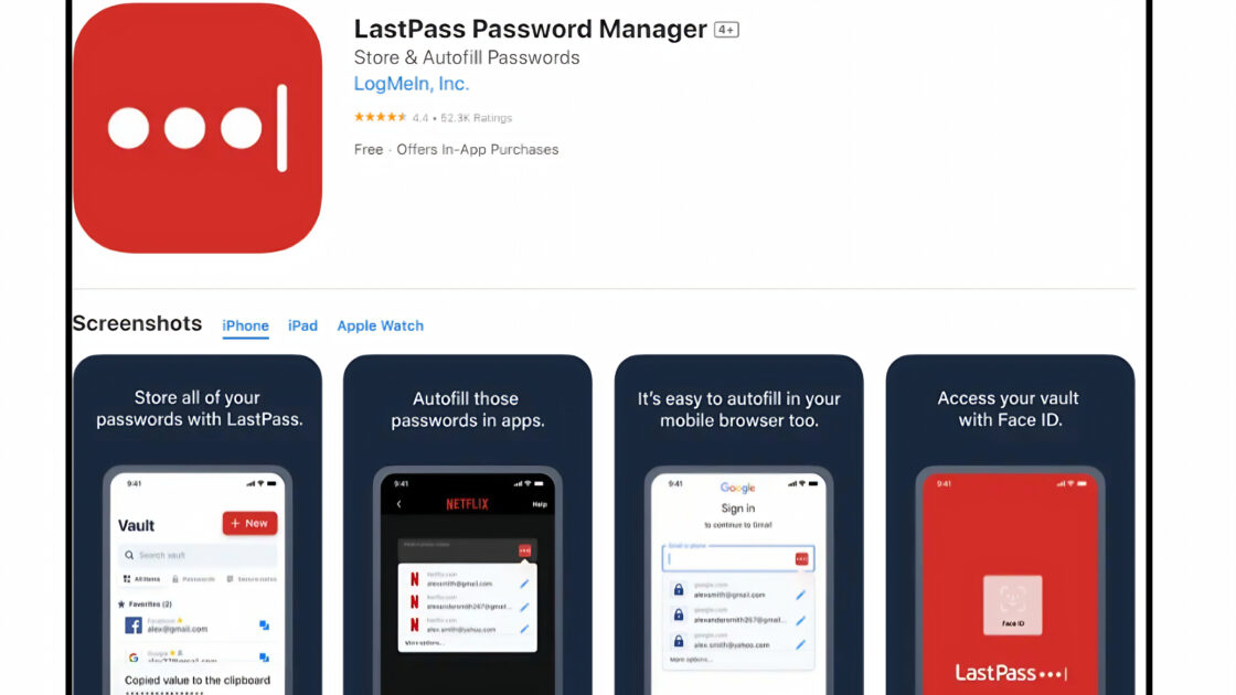 LastPass captură cu aplicația legitimă din App Store