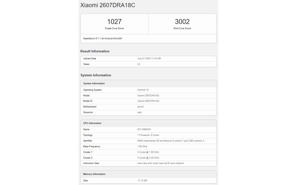 Redmi Note 17 Geekbench